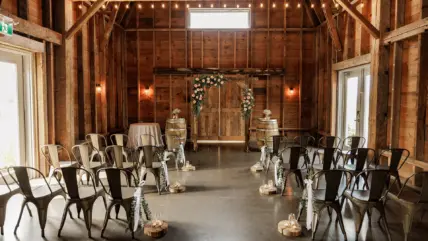 The barn all set up for a wedding ceremony at Cave Spring Vineyard in Beamsville.