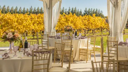 Guest place settings inside the tented pondview terrace at the Bella Terra Vineyards in Niagara-on-the-Lake.