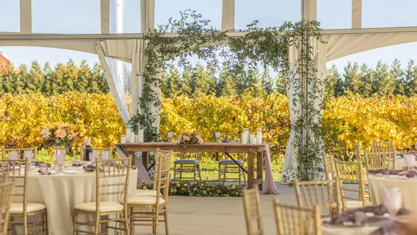 The bride and groom’s table inside the tented pondview terrace at the Bella Terra Vineyards in Niagara-on-the-Lake.