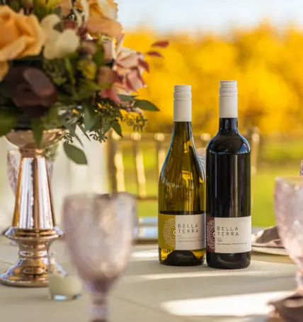 Wine from Bella Terra Vineyards on a reception table in Niagara-on-the-Lake.