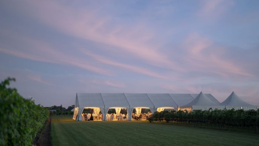 The wedding tent at Bella Terra Vineyards at dusk