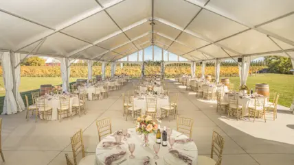 A fall wedding hosted inside the tented pondview terrace at the Bella Terra Vineyards in Niagara-on-the-Lake.