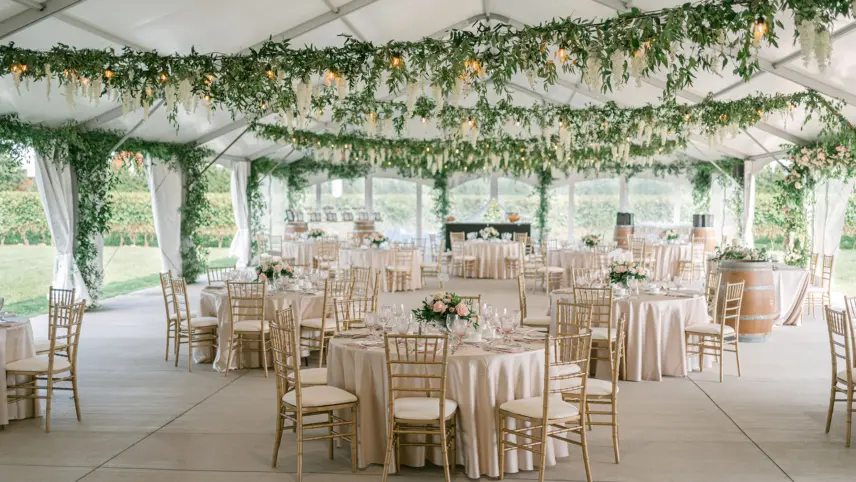 Inside the tented pondview terrace at the Bella Terra Vineyards in Niagara-on-the-Lake.