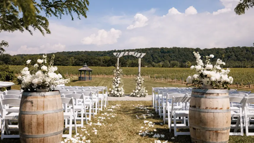 A vineyard wedding ceremony set up in Niagara, Canada.