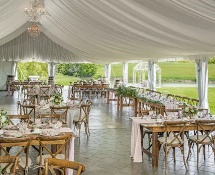 A tented wedding reception at Sue-Ann Staff Estate Winery in the Jordan, Ontario.